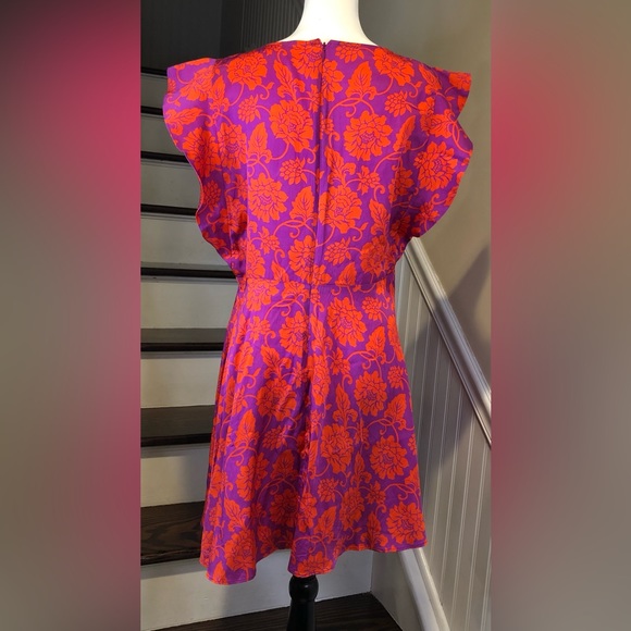 FREE PEOPLE Red Purple Floral Flutter Sleeve Dress Sz 10 - Picture 3 of 12